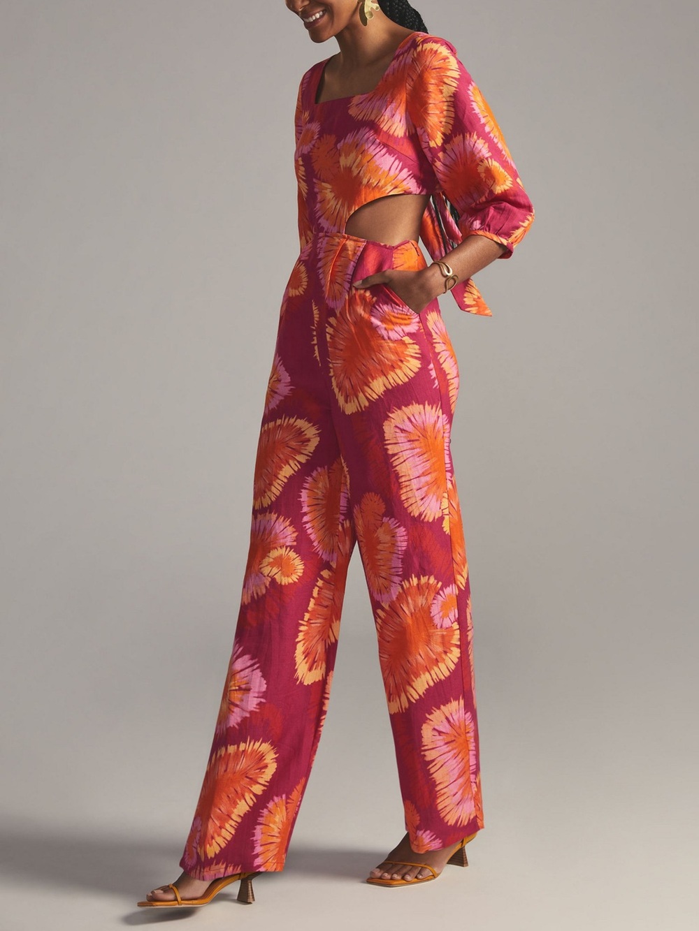 Farm Rio Tie-Back Printed Jumpsuit Red Motif Open Back Wide Leg M